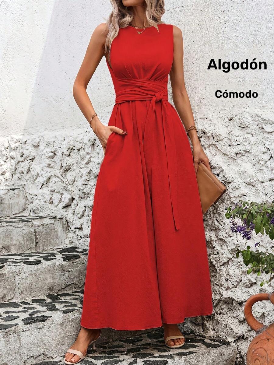Sleeveless Casual Dress With Back Tie. Solid Color, Cool And Versatile. - Red - View 1