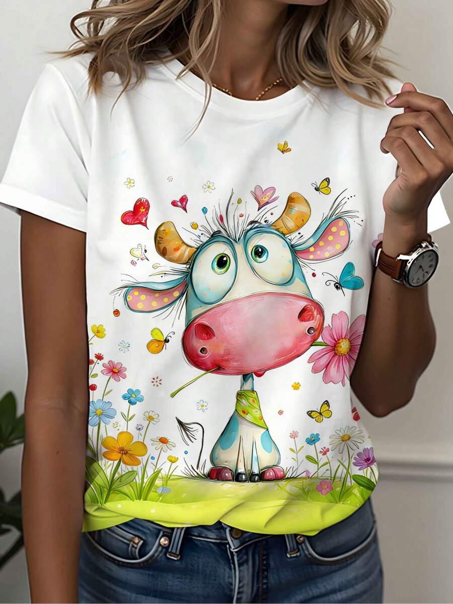 Una camiseta de manga corta para mujer con cuello redondo y estampado, ropa de verano para mujer, estampado digital, estampado integral, con divertidos diseños de vaca de dibujos animados y - Blanco - Ver 1