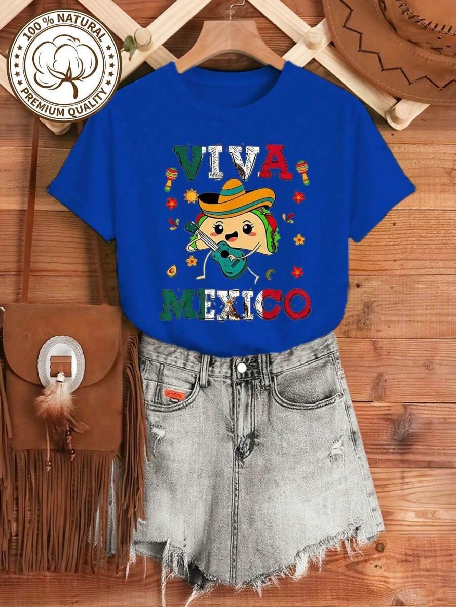 1 Pack Women's Plus Size Viva Mexico Graphic T-Shirt - 100% Cotton, Short Sleeve, Crew Neck, Casual Mexico T-Shirt Tops - 藍色 - 查看 1