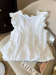 Elegante conjunto de dos piezas de imitación de camisa, vestido babydoll plisado, juvenil y holgado para mujer. - Blanco - Ver 2