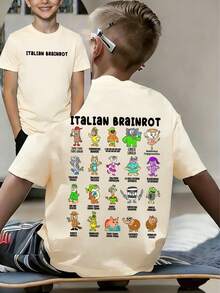 T-Shirt à Imprimé Graphique Humoristique << ITALIAN BRAINROT » Pour Garçon Préadolescent, Idéal Pour Un Look Décontracté, Streetwear, L'école, Les événements, Et Comme Haut à La Mode Pour L' - 白色 - 查看 1