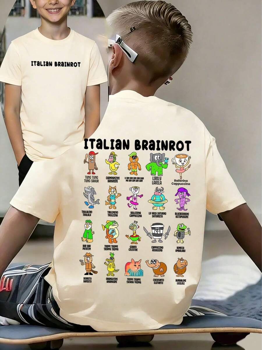 T-Shirt à Imprimé Graphique Humoristique << ITALIAN BRAINROT » Pour Garçon Préadolescent, Idéal Pour Un Look Décontracté, Streetwear, L'école, Les événements, Et Comme Haut à La Mode Pour L' - 白色 - 查看 1