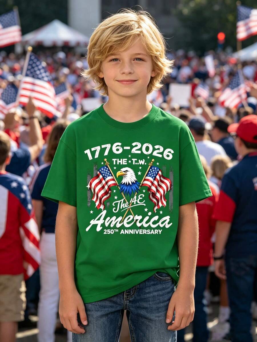 Boys' T-Shirt With American Flag And Bald Eagle For The 250th Anniversary (1776-2026) – 250th Anniversary Of Independence, Loose-Fitting Eagle Print T-Shirt, Gift Idea - 綠色 - 查看 1