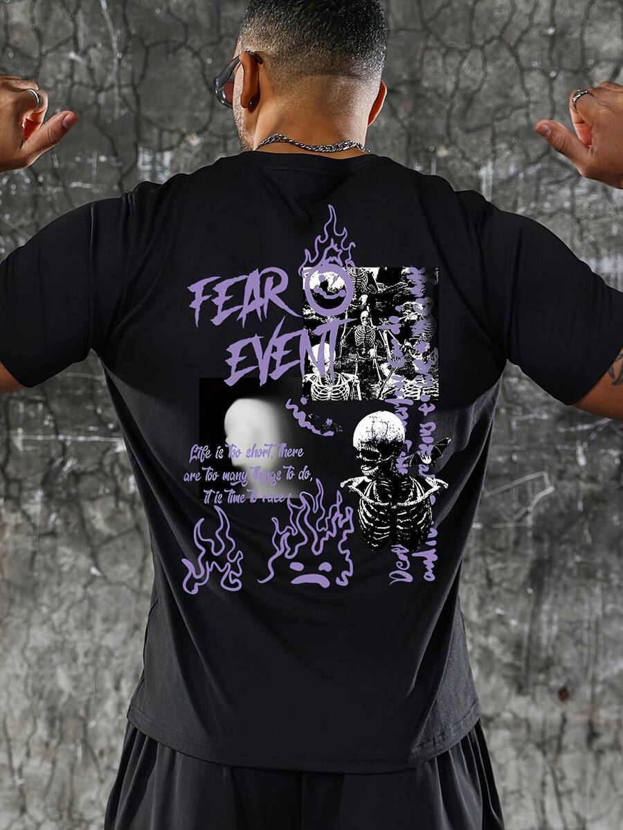 Camiseta para Hombre con Estampado de Calavera, Alienígena y Letras playera de méxico - Negro - Ver 1