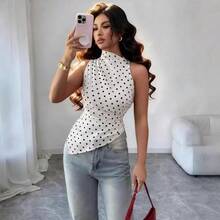 Sleeveless Blouse With High Neck And Polka Dots For Women, Gathered Waist, Irregular Asymmetric Hem, Ideal For The Office, Everyday Wear, Casual Occasions And Urban Outfits. - 白色 - 查看 3