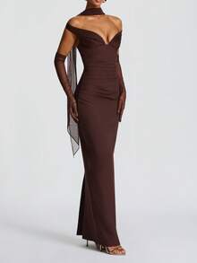 Elegant Women's Off-Shoulder Fitted Long Party Evening Dress (No Gloves, Includes Ribbon) - Brown - View 7