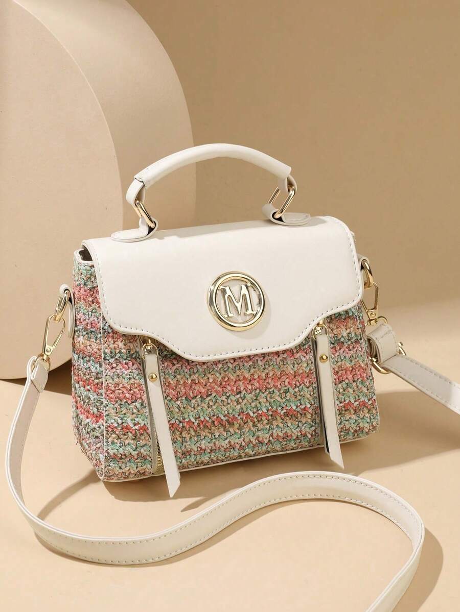 Retro Minimalist Printed Crossbody Bag With Adjustable PU Strap, Flap Closure, New Year - Khaki - View 1