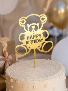 3PCS Gold Mirror Teddy Bear Happy Birthday PMMA Cake Topper, Acrylic Bear Birthday Cake Decoration For Kids Party, Baby Birthday, Dessert Table And Baking Supplies - A - View 6