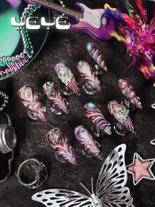10pcs Stiletto Press On Nails,Silver Glitter,3d Metallic Purple Red Elements,Rhinestone Decor,Stone,Star,Heart, Full Cover Fake Press On Nails Set, Nail Art For Women & Girls,For Daily,Leisure,Vacation,Wedding,Holiday,Party Nail Supplies - Silver - View 4