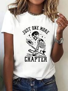 Camiseta de manga corta para mujer,Camiseta blanca estampado esqueleto leyendo libro texto Just One More Chapter diseño vintage regalo amante de lectura casual mujer - Blanco - Ver 1