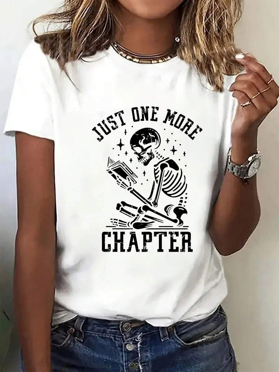 Camiseta de manga corta para mujer,Camiseta blanca estampado esqueleto leyendo libro texto Just One More Chapter diseño vintage regalo amante de lectura casual mujer - Blanco - Ver 1