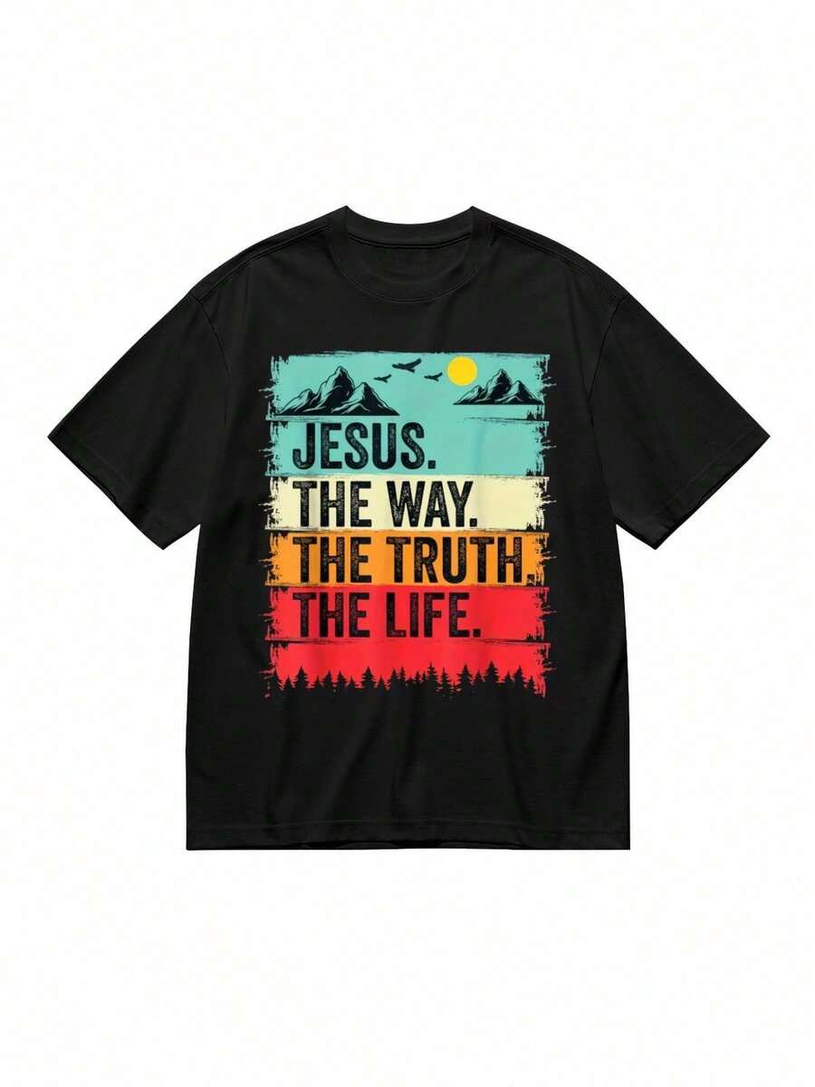 100% Cotton, Breathable T-Shirt, Men's T-Shirt Jesus The Way The Truth The Life Bible Verse Christian Worship - Design Inspired By John - 黑色 - 查看 1