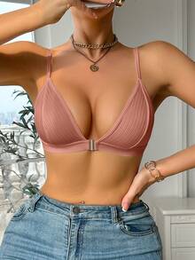 女款條紋性感前扣舒適無鋼圈內衣 - 藕粉色 - 查看 5