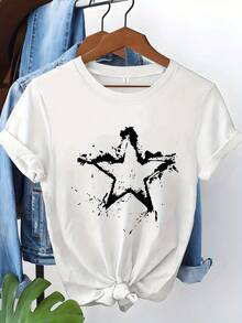 Women's Shirt With A Distressed Star Print. Made From Premium Fabric, With A Relaxed Fit, Casual Style, And Comfortable Feel. Unique Graphic Print. - Unisex Women & Men's Daily Wear T-Shirt - 白色 - 查看 1