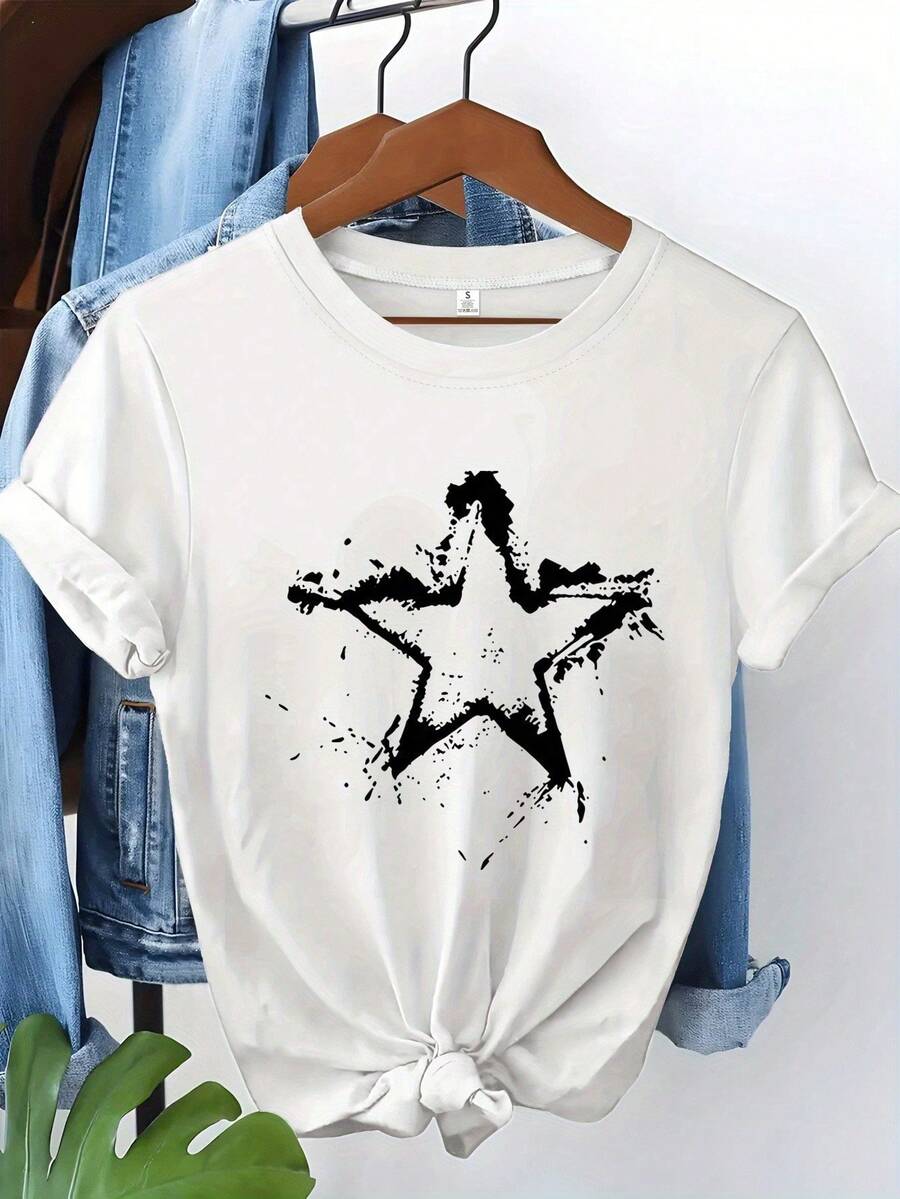 Women's Shirt With A Distressed Star Print. Made From Premium Fabric, With A Relaxed Fit, Casual Style, And Comfortable Feel. Unique Graphic Print. - Unisex Women & Men's Daily Wear T-Shirt - 白色 - 查看 1