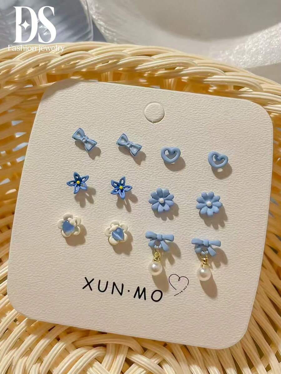 12件組藍色系陶瓷彩繪極簡幾何耳釘耳環套組，清新優雅學生耳環 - 薄荷藍 - 查看 1