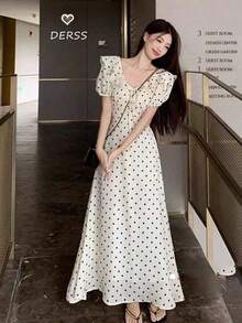 Women Long Dresses - White Polka Dots - View 8