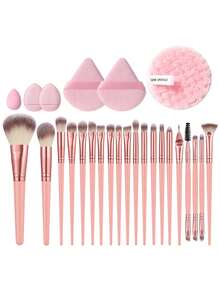 24Pcs/6pcs Pink Makeup Brush Set With Triangle Velvet Powder Puff Mini Beauty Sponge Fluffy Cleansing Sponge Soft Synthetic Brushes Dry Wet Dual Use Full Face Eye Makeup Tools For Foundation Blush Eyeshadow Concealer Setting Powder - Pink - View 1