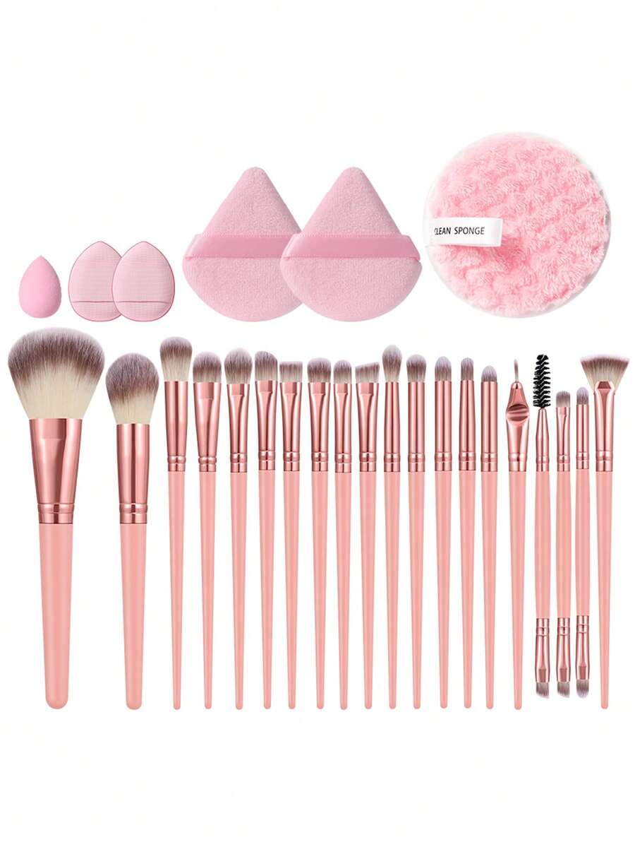 24Pcs/6pcs Pink Makeup Brush Set With Triangle Velvet Powder Puff Mini Beauty Sponge Fluffy Cleansing Sponge Soft Synthetic Brushes Dry Wet Dual Use Full Face Eye Makeup Tools For Foundation Blush Eyeshadow Concealer Setting Powder - Pink - View 1
