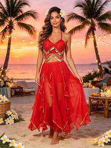 Belly Dance Sequin Coin Mesh Halter Crop Top, Gold Trim Flowy Chiffon Maxi Skirt For Beach Vacation & Stage Performance - Multicolor - View 9