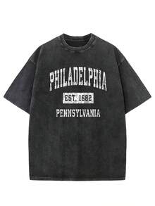 Vintage-Style Crew Neck T-Shirt In Faded Black With The Phrase "Philadelphia Established In 1682 Pennsylvania" Printed In Distressed White Letters, High-Quality Construction - 黑色 - 查看 1