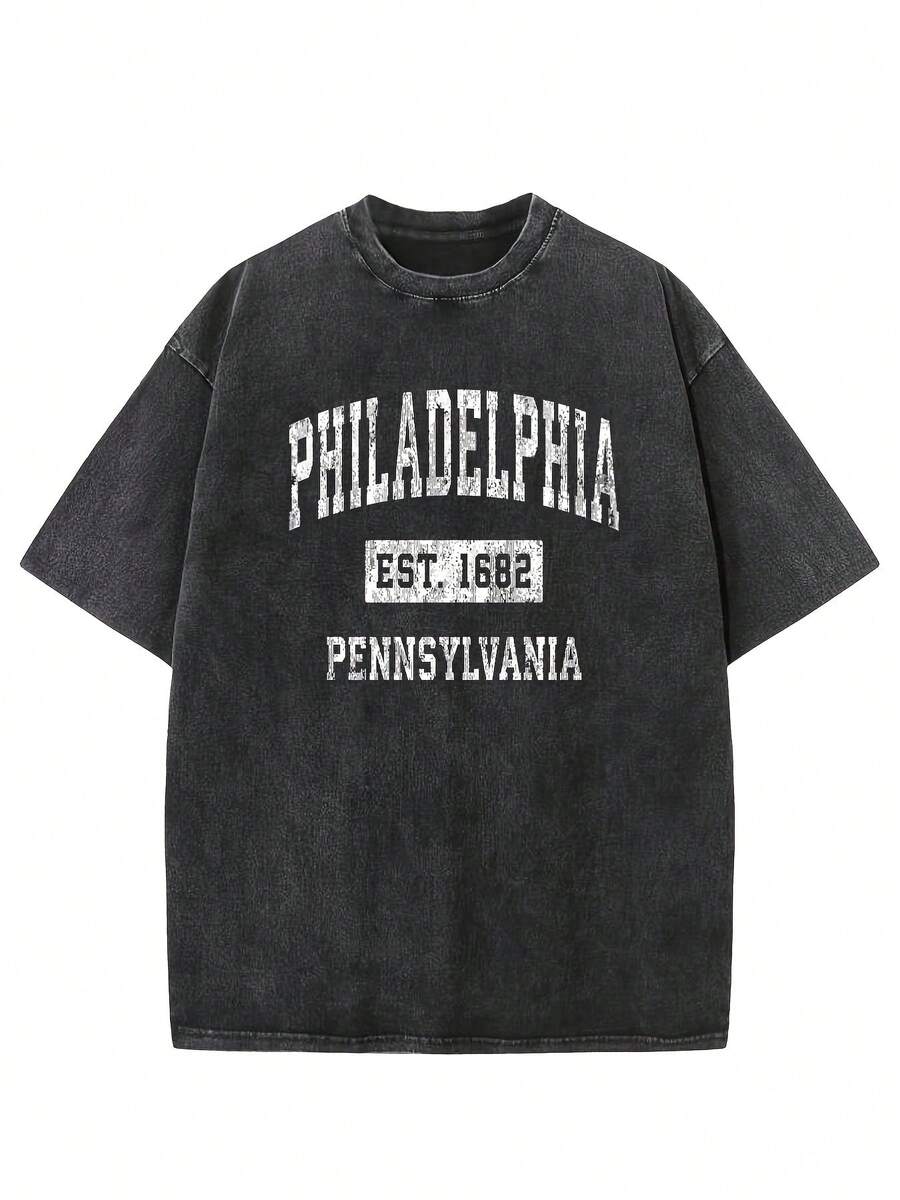 Vintage-Style Crew Neck T-Shirt In Faded Black With The Phrase "Philadelphia Established In 1682 Pennsylvania" Printed In Distressed White Letters, High-Quality Construction - 黑色 - 查看 1