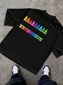 Kids' T-Shirt With Rainbow Crayon Print - Fun And Creative Style For School Or Art Activities - Black - View 2