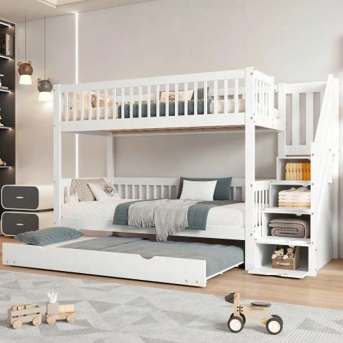 Bunk Bed With Rollaway Bed, Children's Bed With Ladder Cabinet And Handrail, With Safety Rails On All Sides - White - View 1