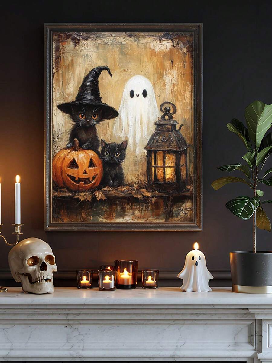 1pc Canvas Wall Art With Frame, Vintage Halloween Theme, Black Cat, Witch Hat, Cute Ghost, Pumpkin Lantern, Glowing Lantern Pattern, Country Style Oil Painting, Pastoral Dark Academia Aesthetic, Suitable For Modern Home Decor, Room Decoration - Black Cat Ghost - View 1
