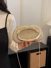 Women's Rhinestone Rounded Rectangular Evening Clutch, Front Curved Oval Handle Handbag, Fashion Crossbody Bag, Suitable For Wedding, Ball, Valentine's Day Party - Gold - View 2