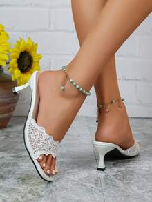 New Fashion White Open Toe Mesh Summer Kitten Heel Square Toe Sandals, Minimalist Versatile Women's Dress Sandals, Square Toe Elegant High Heel Slippers Sandals, Women's High Heels, Women's White High Heels - White - View 7
