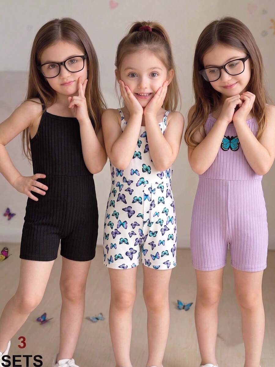 3pcs/Set Young Girls' Summer Fashion Versatile Butterfly Print Decorated Solid Color Ribbed Wave Hem Splicing Camisole Romper, Suitable For Outdoor Wear - Purple - View 1