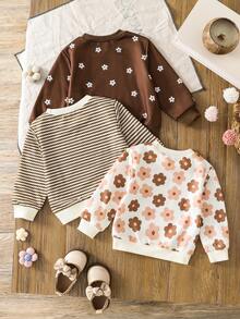 3pcs Autumn Baby Girls Newborn Cute Floral Contrast Stripe Long Sleeve Sweatshirt, Small Ditsy Floral Cartoon Pattern, Slight Elasticity, Suitable For Newborn Daily Wear, Gift Set, Spring Combination Tops - Multicolor - View 2
