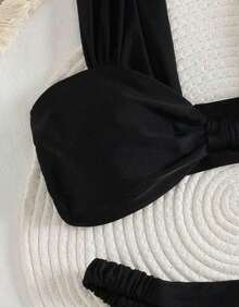 Women's Bikini With Thick Straps, Ruched Detail, High-Cut Bottom, Beachwear, Summer Style - Black - View 6