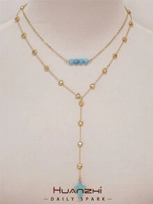 1 Two-Piece Set Of Double-Layer Y-Shaped Necklaces With Colorful Natural Stones In A Bohemian Style, A Versatile Accessory For Everyday Wear And Beach Vacations, With Color Combinations - Multicolor 3 - View 1