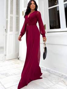 Women's Long Sleeve Jumpsuit, Semi-Transparent, Lined, Lightweight, V-Neck, Comfortable, Fresh, Casual, Elegant, Sizes M And L, Printed And Solid - 酒紅色 - 查看 3