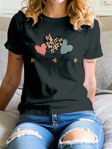 Women's Basic T-Shirt, Round Neck, Short Sleeve, Hearts Graphic Print | Modern Casual Style | Soft Texture | Fortiz - 黑色 - 查看 1