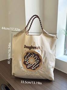 新款刺繡甜甜圈圖案購物袋 大容量旅行尼龍托特包 通勤百搭學院風 女款單肩斜跨托特包 - 彩色 - 查看 7