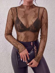 Wild Summer Black Mesh Sheer Lace Country Western Music Festival Women's Tops Western Women's Concert Women's Hippie Western Women's Rave - 棕色 - 查看 3