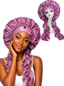 CONFLASS Cute Bow Decor Large Silk Night Cap, With Pleated Long Shoulder Strap, Women's Hair Protection Cap, Adjustable Button Satin Hair Cap, Long Drawstring Anti-Frizz Sleep Cap, Suitable For Braided Hair, Luxurious High-End Silky Satin Night Hair Cap - Multicolor - View 13