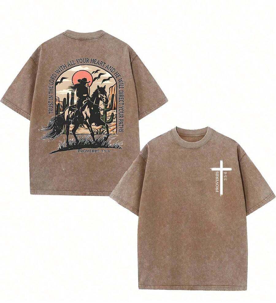 Bme An Excellent Western Cowboy, Inspired By The Gods, Classic Retro Casual Western Cowboy Style, Cowgirl Riding A Horse In The Desert, 230g Washed Cotton T-Shirt - 咖啡棕 - 查看 1