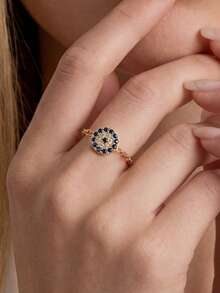 Anillo Con Forma De Ojo Azul Con Microincrustaciones Full Rhinestone Plateado En Plata Pura S925 Con Baño De Oro De 14k Para Mujeres - anillo de ojo azul - Ver 11