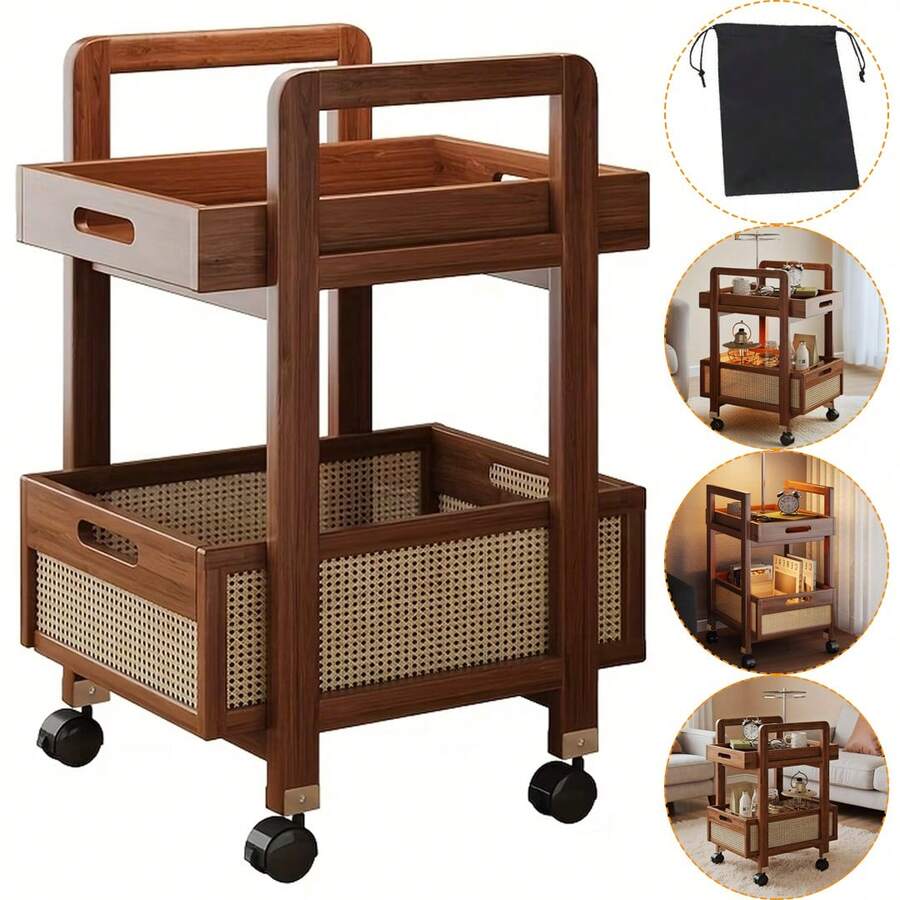 Rolling Side Table, Heavy-Duty Rolling Side Table With Locking Wheels - Mobile Coffee Cart, Open Shelf Design, Compact And Space-Saving, Sturdy Structure. Suitable For Living Room, Bedroom, Kitchen, Office - Easy-To-Assemble Small-Space - Wood - View 1