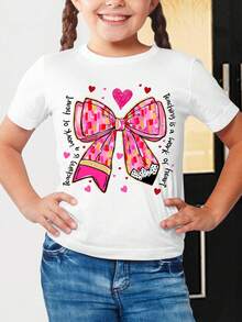 Camiseta de Niños con Lazo Grande y Corazones Estilo Doodle Arte para el Día de San Valentín o Uso Casual - Blanco - Ver 1