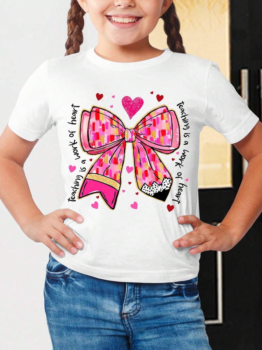 Camiseta de Niños con Lazo Grande y Corazones Estilo Doodle Arte para el Día de San Valentín o Uso Casual - Blanco - Ver 1
