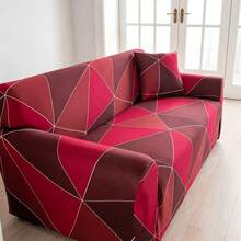 1pc Geometric Pattern Printed Sofa Cover, Dust-Proof & Stain-Resistant, Elastic One-Piece Full Coverage Sofa Protector, Living Room Home Decor, 1/2/3/4 Seater Sofa Decoration, All Season Use, Holiday Decor, Machine Washable, Pillowcase Not Included - Red - View 7