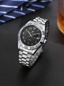 RICECGO Men's Stainless Steel Band Quartz Watch, Minimalist Business Style, Perfect Gift For Any Occasion - Silver - View 1