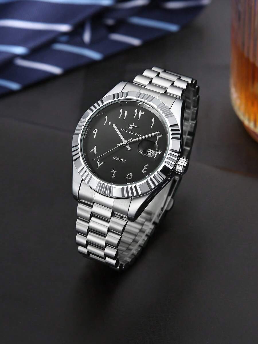 RICECGO Men's Stainless Steel Band Quartz Watch, Minimalist Business Style, Perfect Gift For Any Occasion - Silver - View 1