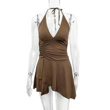 Nuevo vestido asimétrico sexy para mujer con escote en V profundo, cuello halter, espalda descubierta y cordones. - Blanco - Ver 4