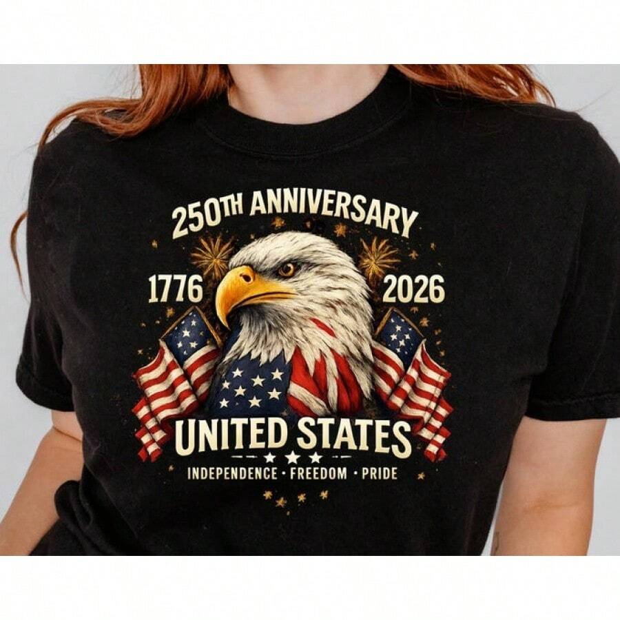Playeras de Mujer, Tops para Adolescentes, Camiseta de Algodón, Camiseta del 250º Aniversario de los Estados Unidos, Camiseta Patriótica con Águila, Camiseta de América 1776–2026, Camiseta d - Negro - Ver 1